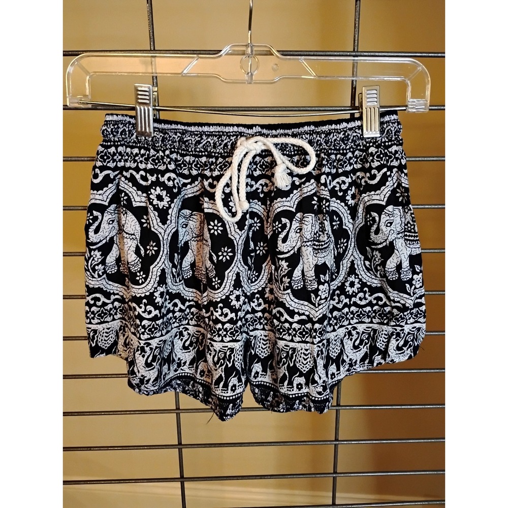 Bloomer Womens Black White Elephant Print Rayon Boho Smocked Waist Shorts